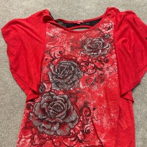 bebe Red Floral Rhinestone Flutter Sleeve Top